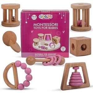 PINK Wooden Baby Toy & Wooden Baby Rattle, 0-6 Months Wooden Toys